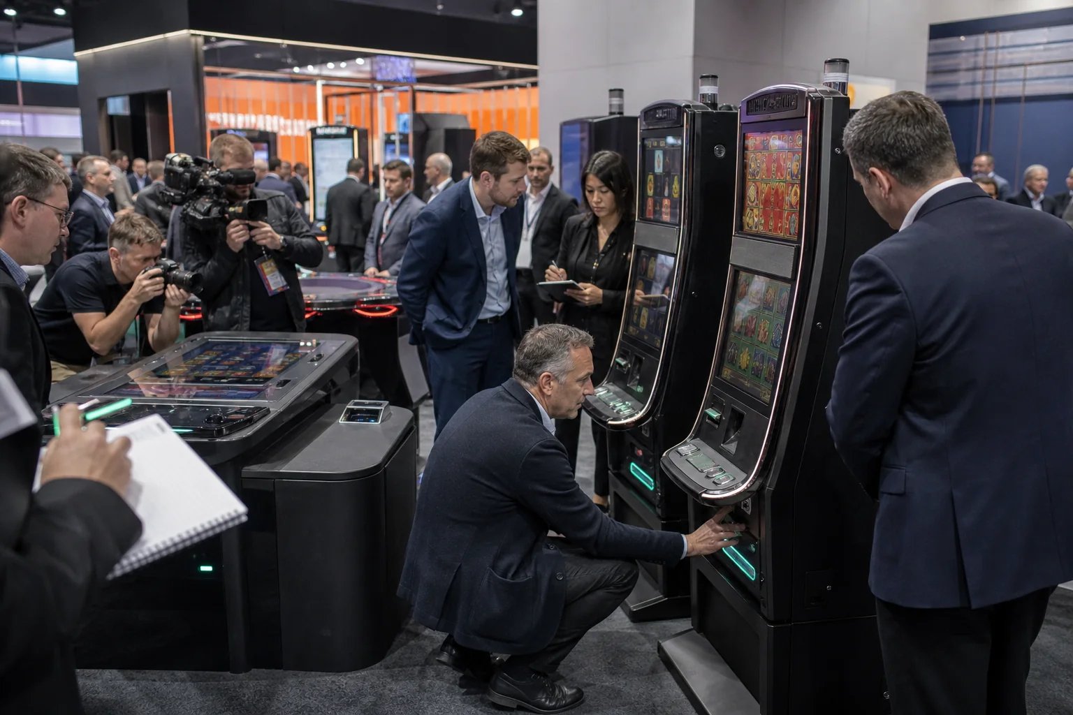 Business journalists, engineers and casino operators examine new gaming cabinets at an international equipment expo