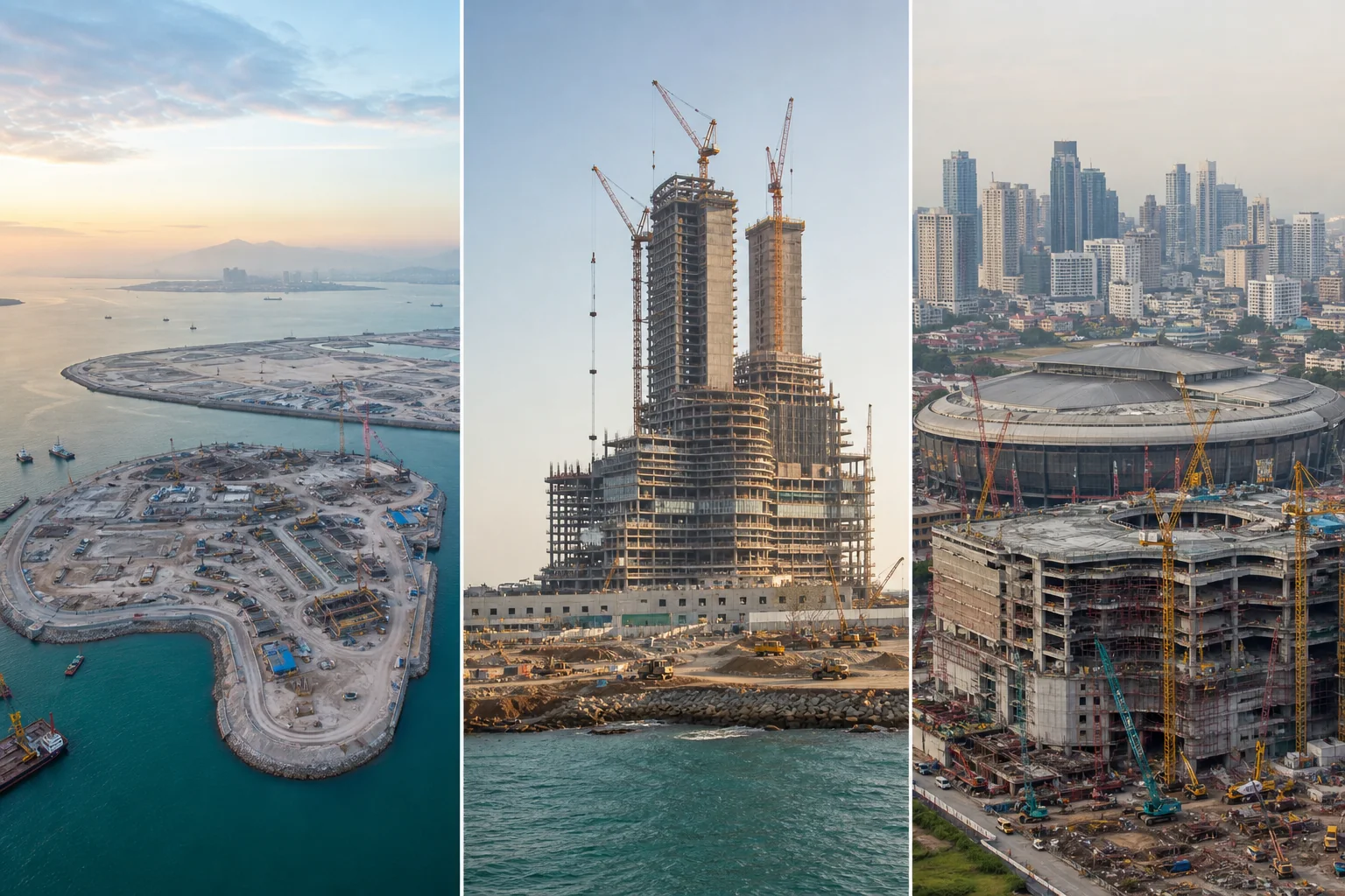 A documentary triptych of major waterfront construction projects in East Asia, the Gulf and Southeast Asia